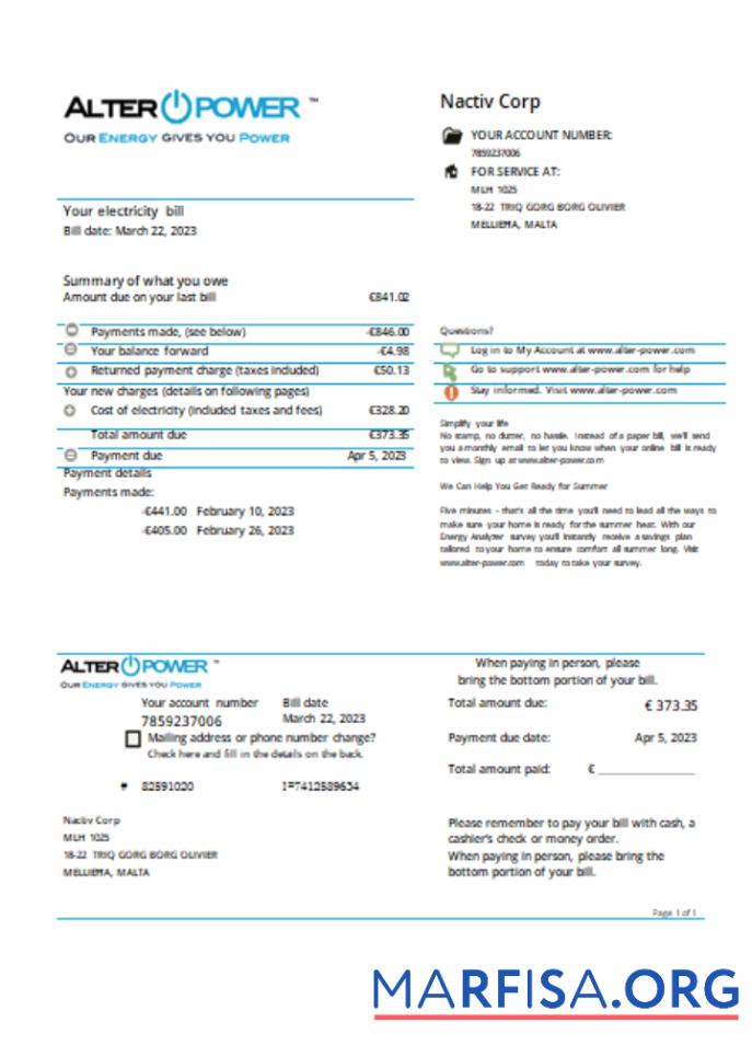 Printable AlterPower Malta proof of address utility business bill, SCR download for verification